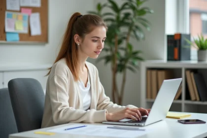 Jeune femme concentrée sur son ordinateur dans un bureau universitaire