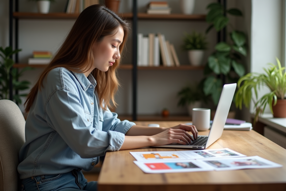 Jeune femme créant un flyer dans un bureau cosy