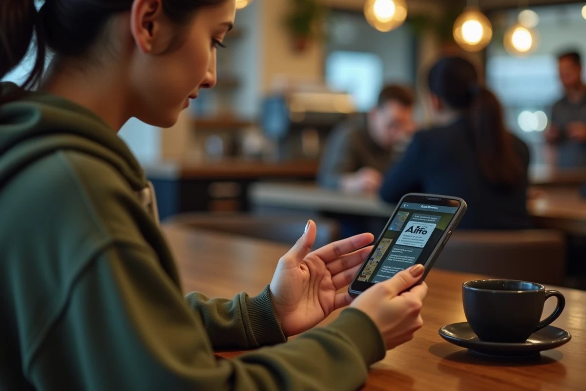 Jeune femme naviguant sur une interface graphique mobile Android dans un café urbain