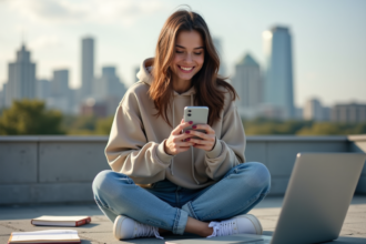 Jeune femme souriante sur un rooftop urbain avec téléphone