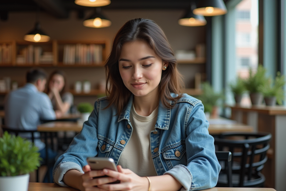Jeune femme avec smartphone dans un café moderne