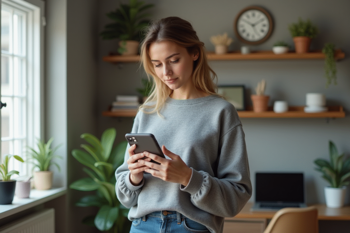Jeune femme avec smartphone et coque fine dans un intérieur cosy