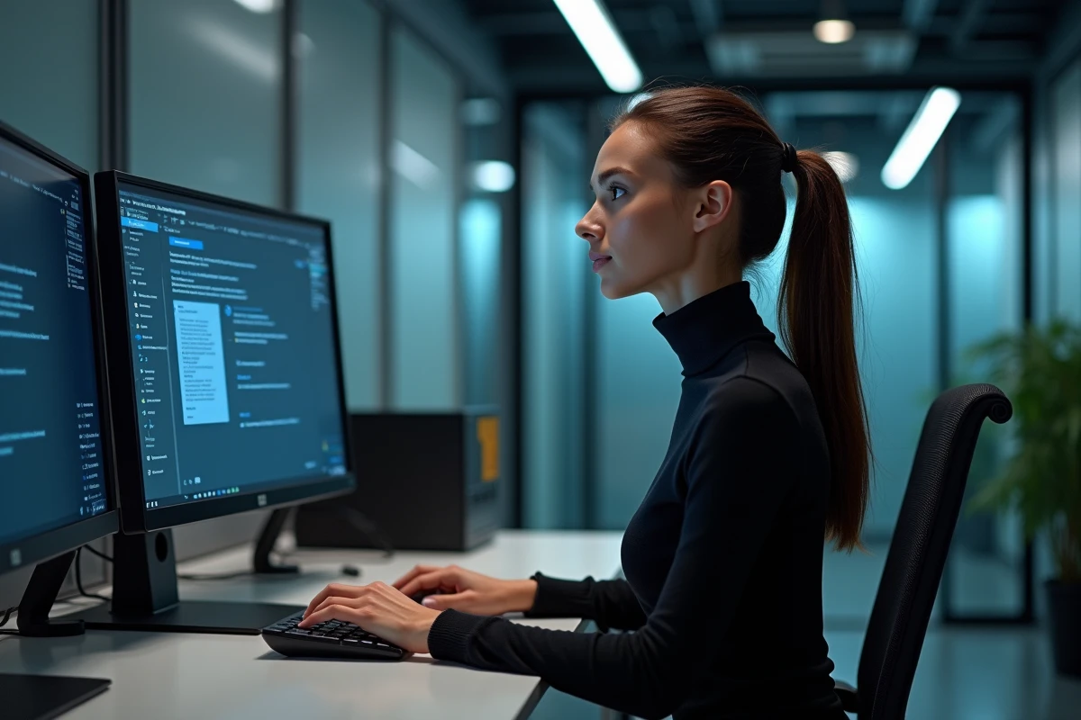 Jeune femme travaillant sur un ordinateur dans un bureau moderne