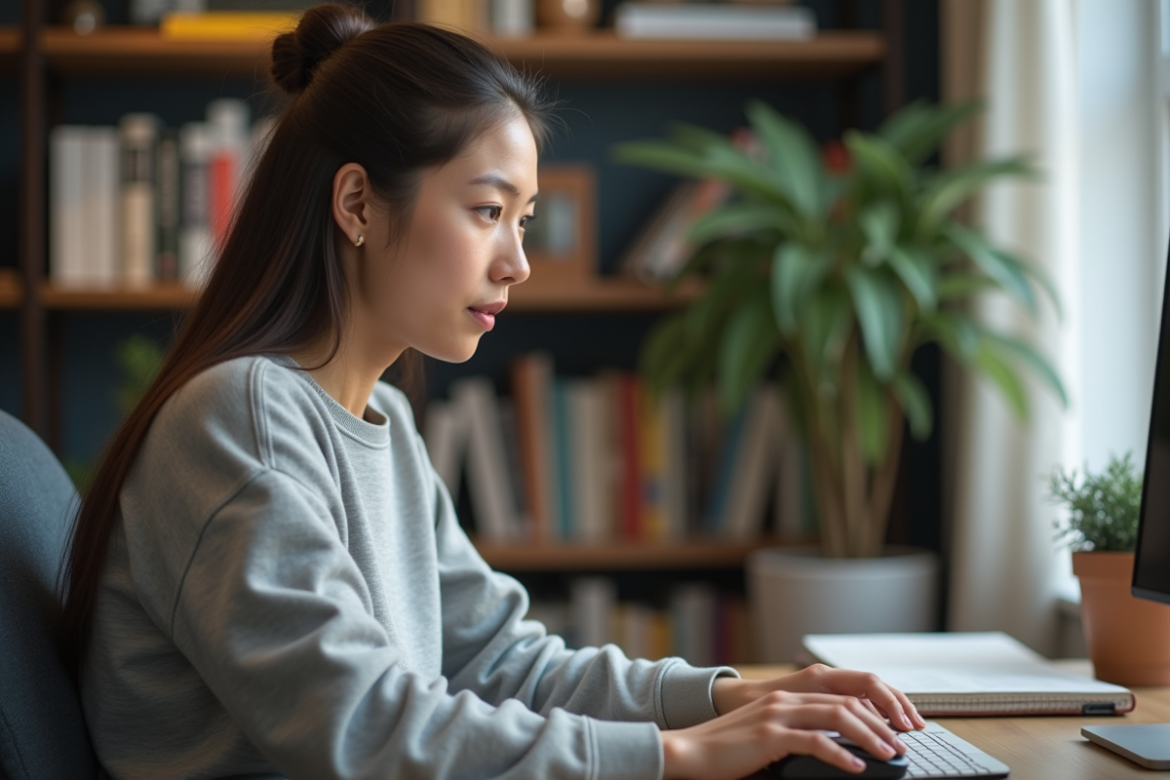 Jeune femme concentrée travaillant sur ordinateur dans un espace cosy