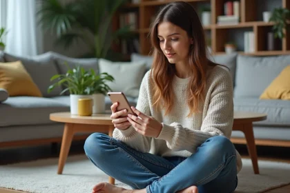 Jeune femme avec smartphone et wifi dans un salon moderne