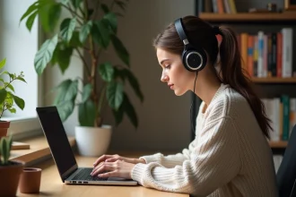 Jeune femme concentrée utilisant un convertisseur YouTube MP3