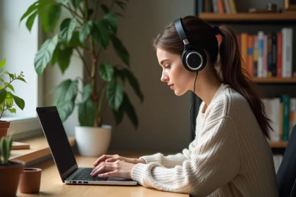 Jeune femme concentrée utilisant un convertisseur YouTube MP3