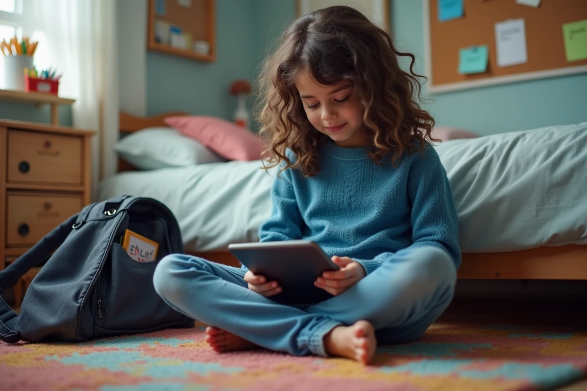 Fille assise sur le sol de sa chambre avec une tablette