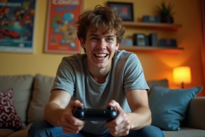 Jeune homme en T-shirt rétro joue avec intensité