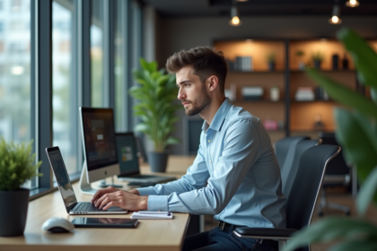 Jeune homme concentré travaillant sur son ordinateur au bureau