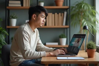 Jeune homme au bureau à domicile utilisant une interface Freebox