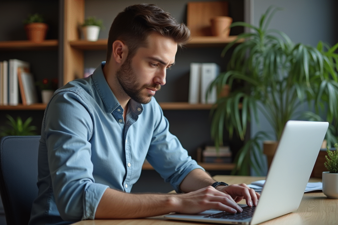 Jeune homme concentré devant son ordinateur dans un bureau moderne