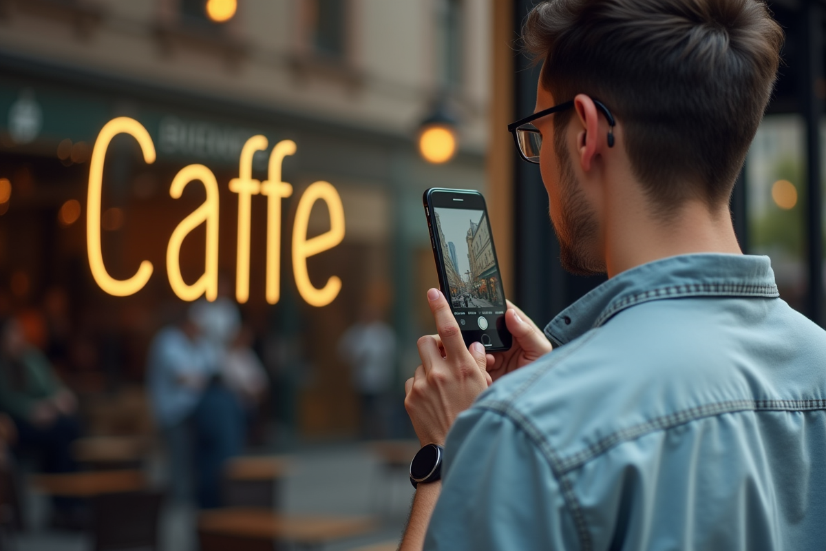 Jeune homme prenant en photo une enseigne de café en ville