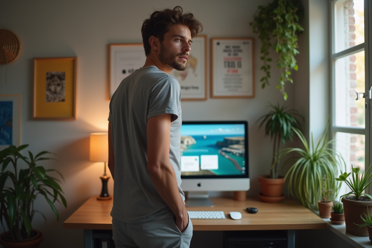 Jeune homme dans un bureau à domicile avec écran Instagram