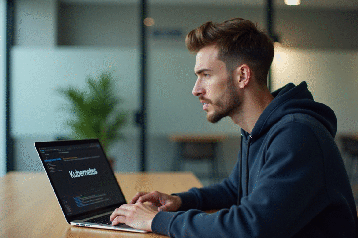 Jeune homme en hoodie bleu travaillant sur un laptop avec Kubernetes