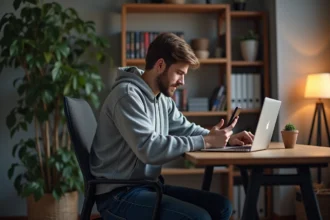 Jeune homme concentré utilisant son ordinateur pour activer un code