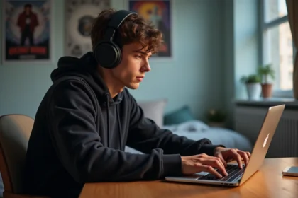 Jeune homme avec casque et ordinateur dans sa chambre