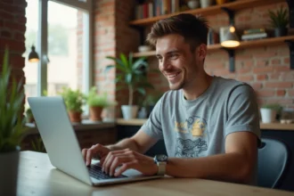 Jeune homme tapant 'do a barrel roll' sur son ordinateur dans un appartement lumineux