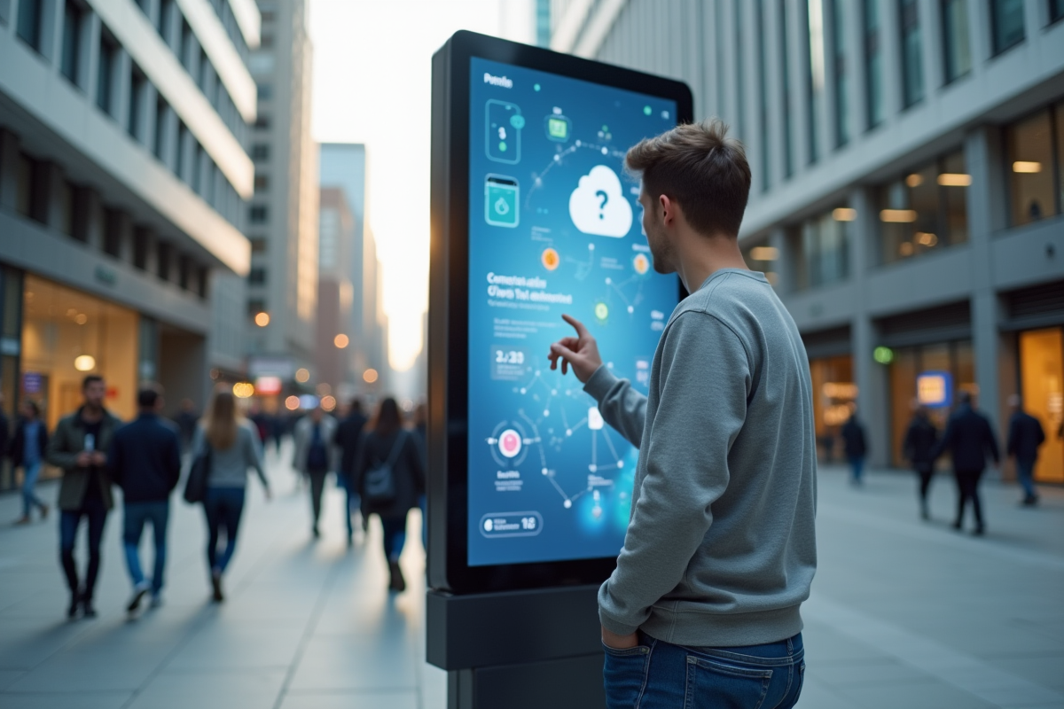 Jeune homme interagissant avec panneau digital en ville