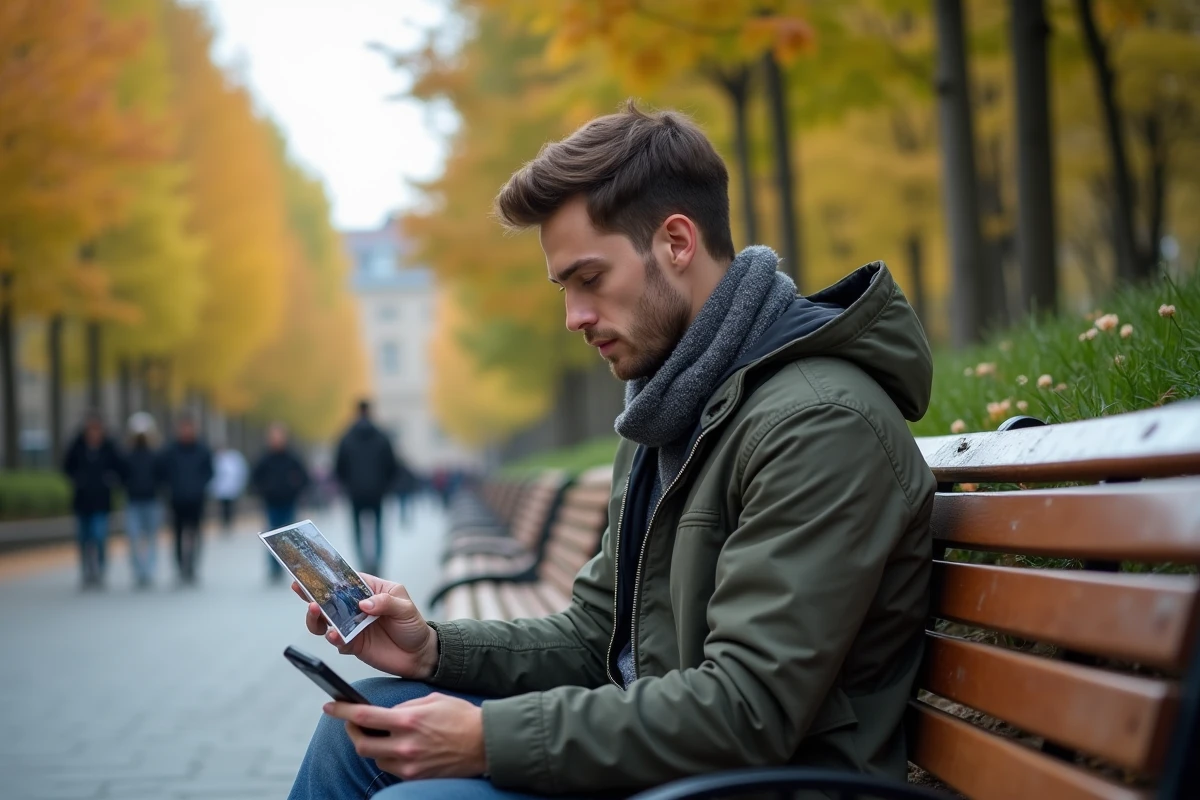 Jeune homme regardant une photo dans un parc urbain
