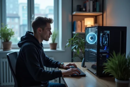 Jeune homme concentré devant son PC dans un bureau moderne