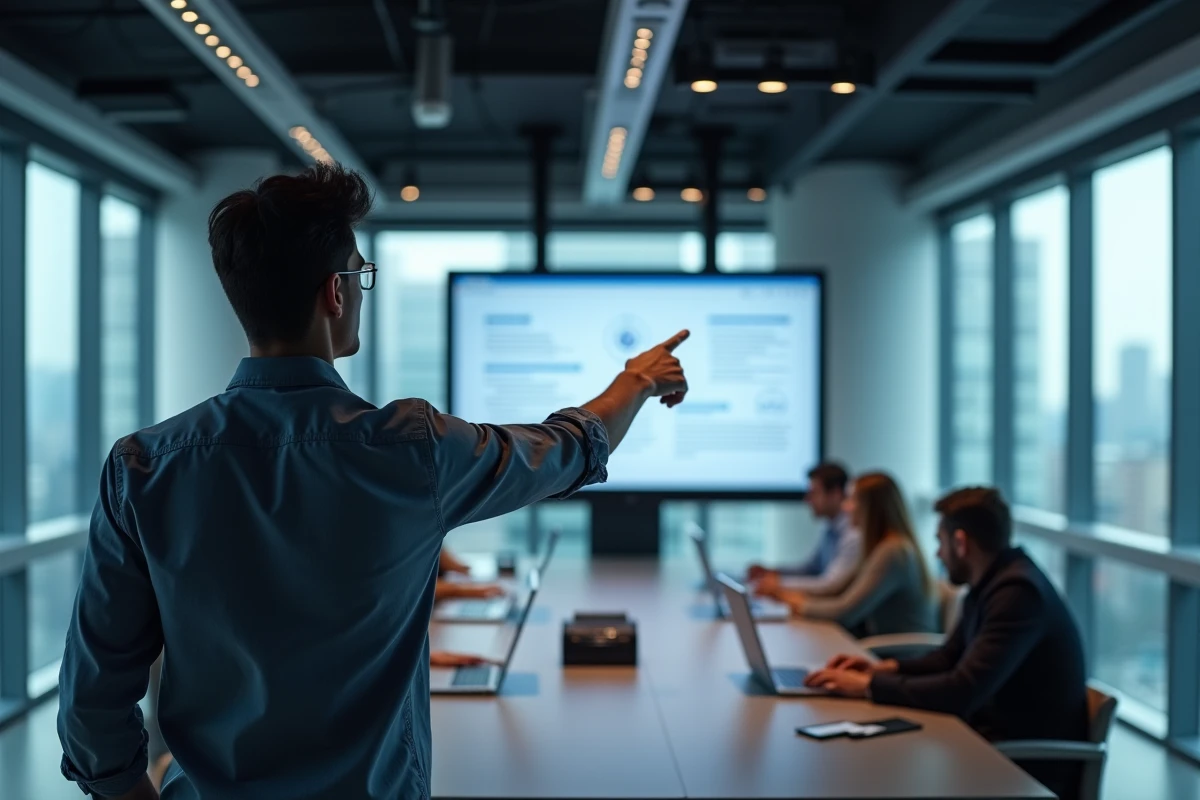 Jeune professionnel pointant un écran dans une salle de réunion