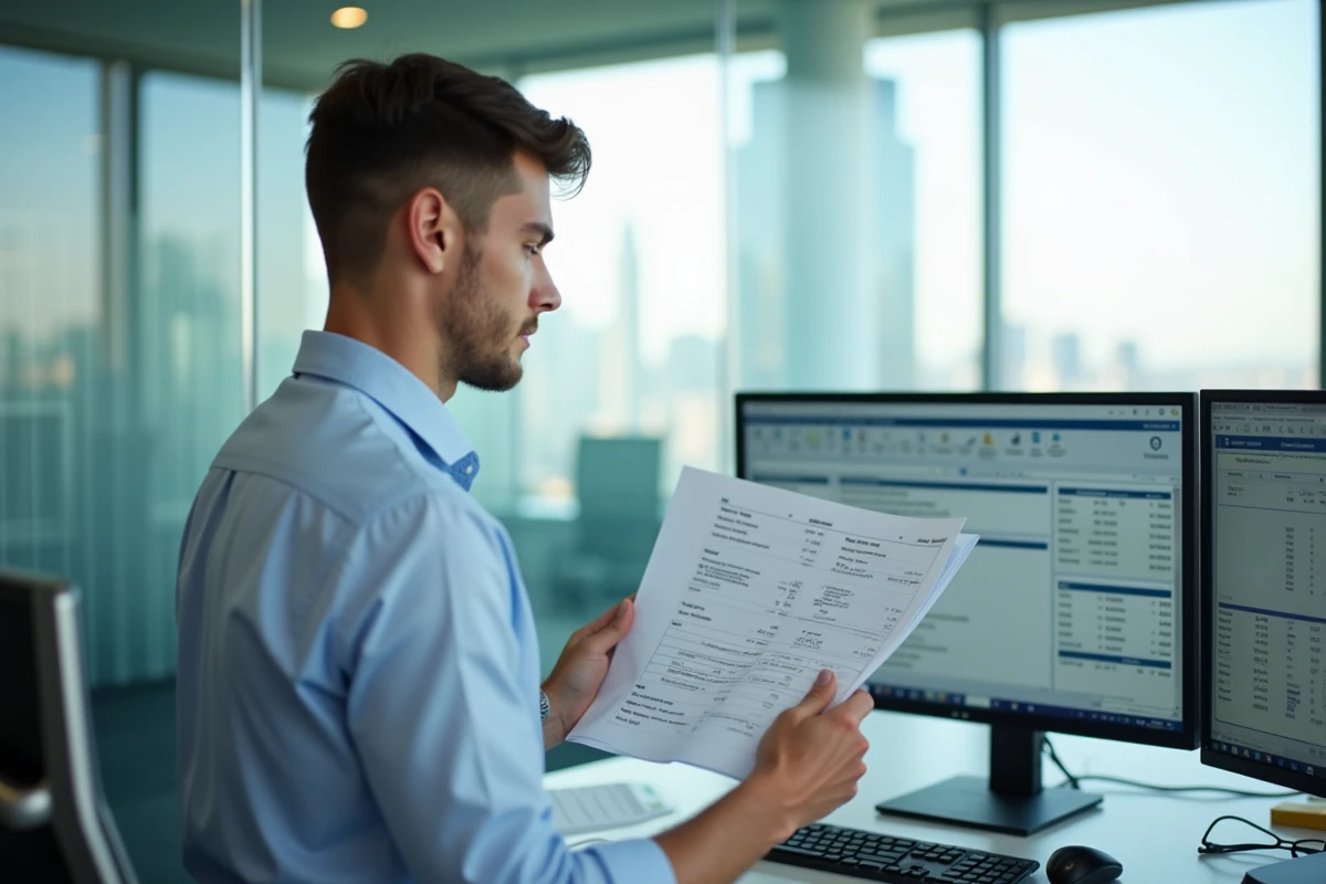 Jeune homme analysant un rapport de vente avec écran Excel