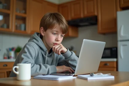 Adolescent concentré sur son ordinateur portable à la cuisine