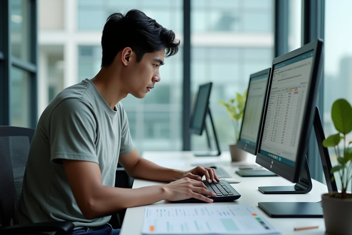 Jeune homme travaillant sur un ordinateur dans un espace partagé
