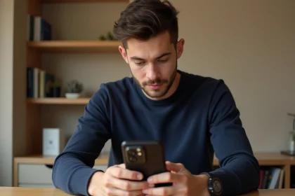 Jeune homme découvrant le Xiaomi 15 pour la première fois dans un bureau à domicile moderne