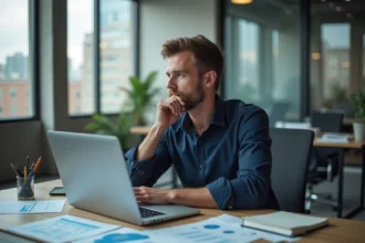 Jeune homme professionnel en bureau moderne avec diagrammes cloud
