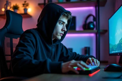 Joueur concentré utilisant la touche Shift sur un clavier mécanique gaming RGB