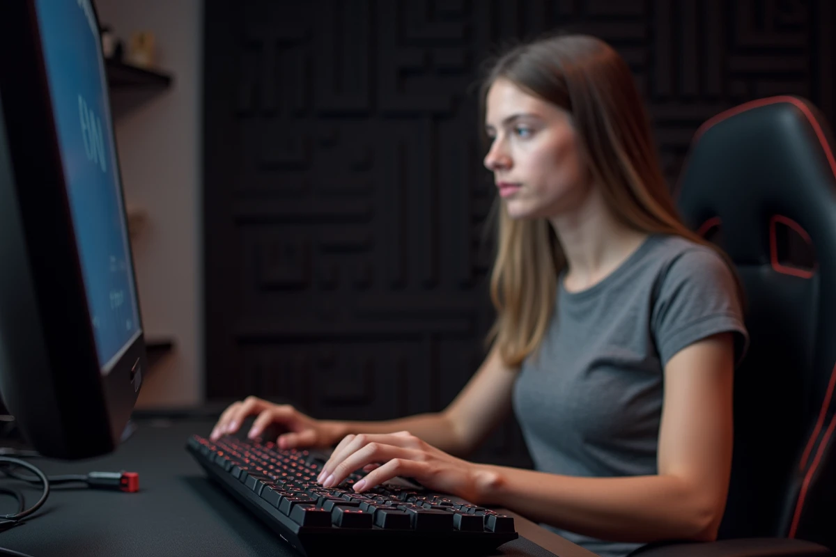 Joueuse appuyant sur la touche Shift d'un clavier mécanique pour jeux vidéo