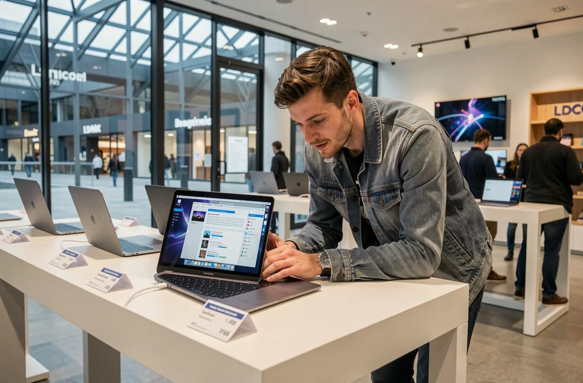 Espace d'exposition de laptops dans le magasin LDLC Paris Beaugrenelle avec un client comparant des ordinateurs