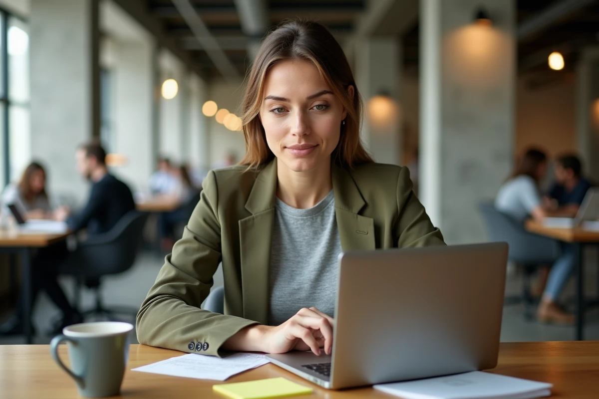 Marketeuse digitale travaillant sur une plateforme de tunnel de vente dans un espace de coworking