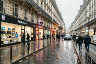 Rue commerçante parisienne avec plusieurs magasins d'informatique et d'électronique visibles, représentant le marché tech à Paris