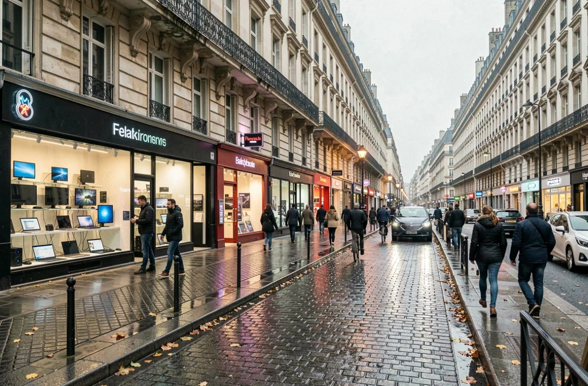 Rue commerçante parisienne avec plusieurs magasins d'informatique et d'électronique visibles, représentant le marché tech à Paris