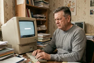 Homme âgé frustré devant un ancien ordinateur de bureau affichant une mise à jour bloquée d'OpenOffice
