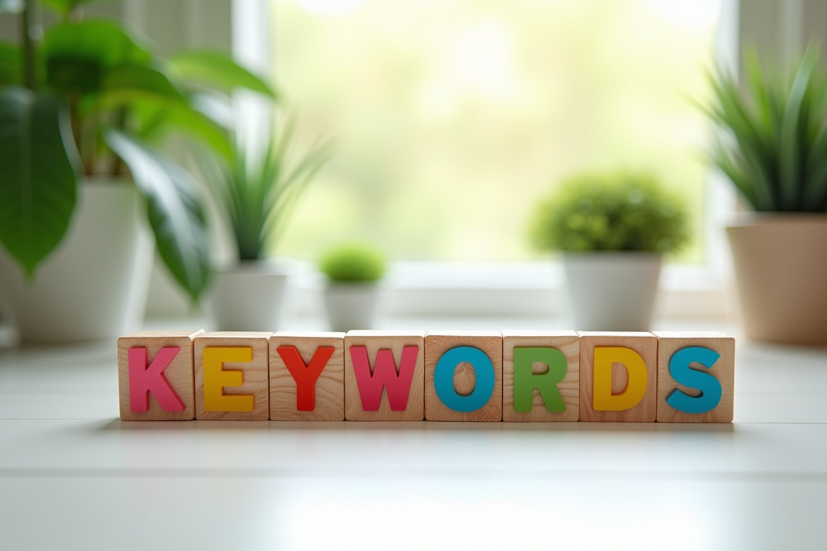 Mots clés en blocs de bois colorés sur une table blanche