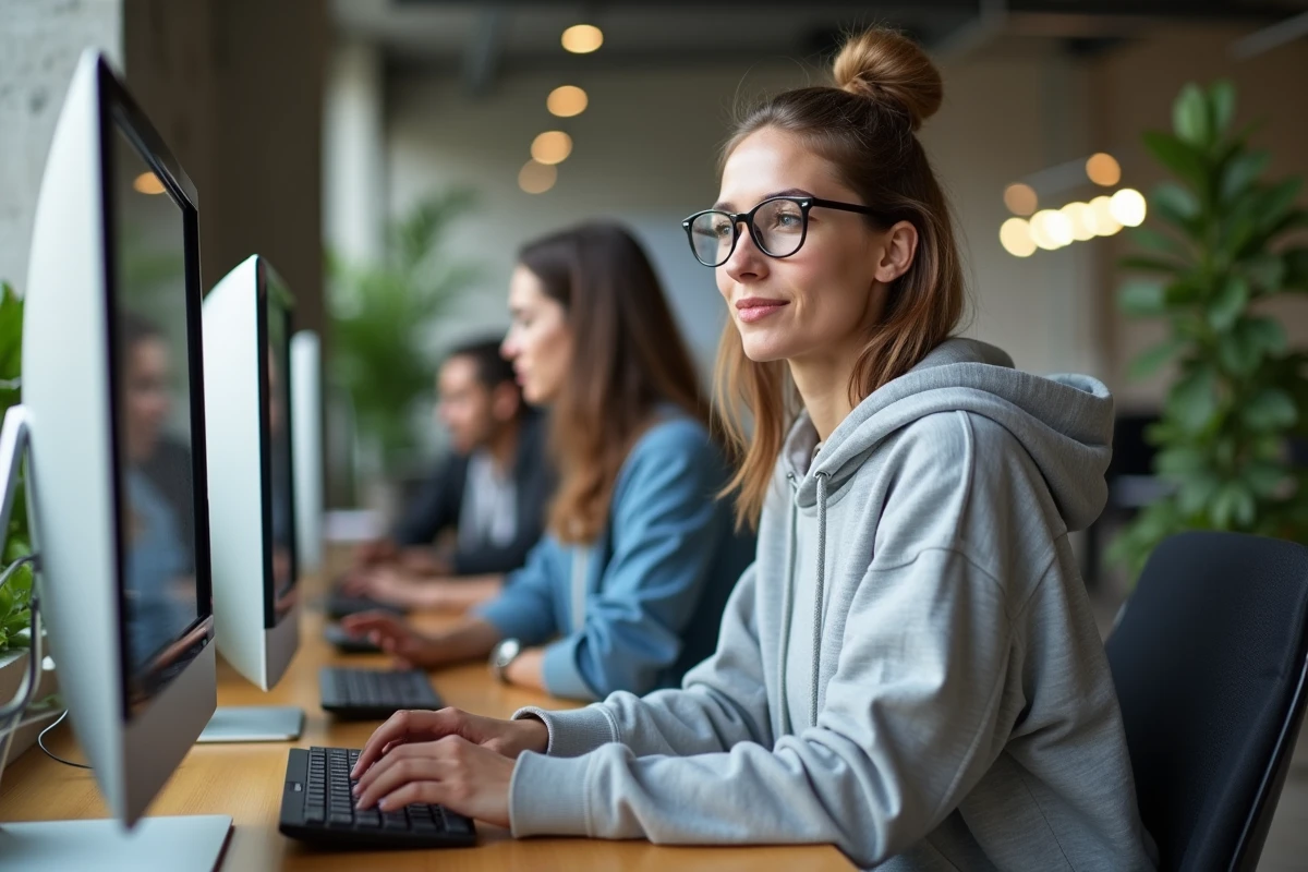 Femme utilisant un ordinateur dans un espace de coworking français pour naviguer sur internet
