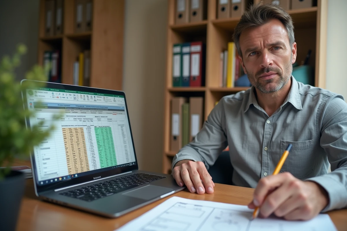 Homme travaillant à domicile sur le nettoyage de doublons dans une feuille Excel avec liste de vérification imprimée