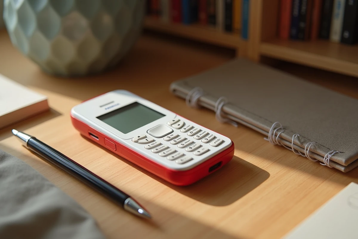 Nokia 5310 blanc et rouge posé sur un bureau en bois avec un carnet et un stylo, vue de dessus en style flat-lay