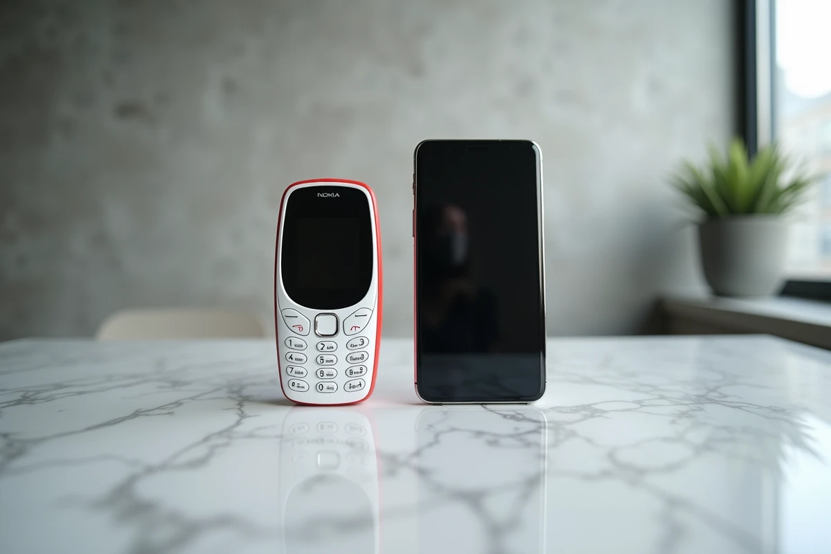 Nokia 5310 blanc et rouge posé à côté d'un smartphone moderne sur un plan en marbre, comparaison de taille