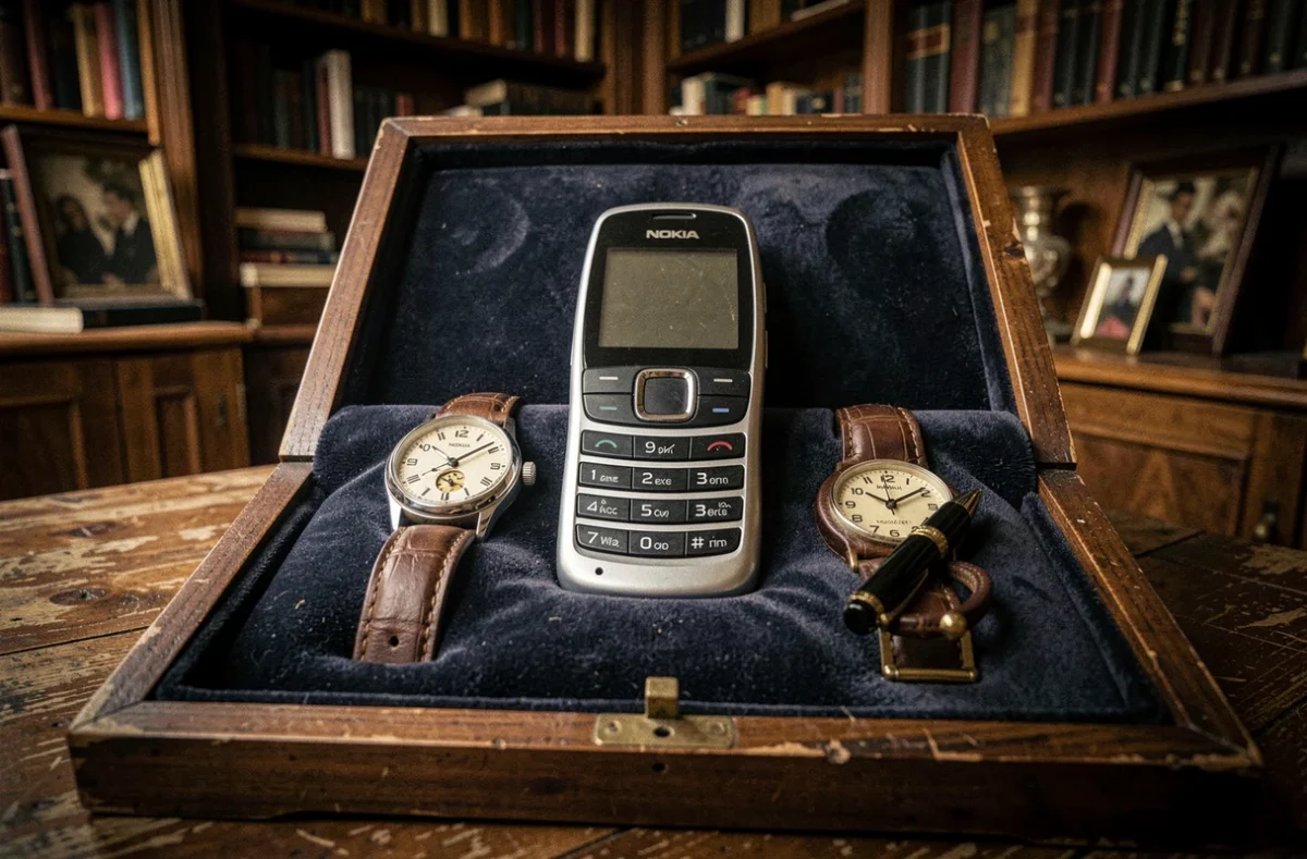 Nokia 8800 dans une vitrine de collectionneur avec montre et stylo, objet culte et patrimoine du design mobile