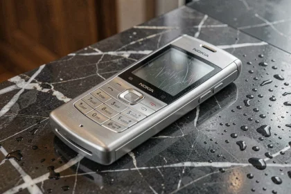 Nokia 8800 en acier inoxydable posé sur marbre noir poli, vue de dessus, design iconique et luxueux