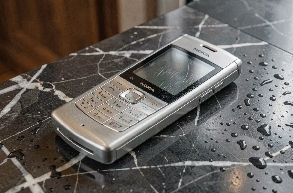 Nokia 8800 en acier inoxydable posé sur marbre noir poli, vue de dessus, design iconique et luxueux