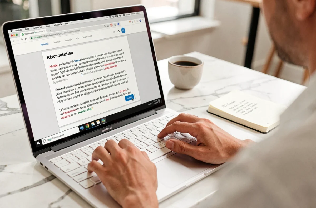 Gros plan d'un outil de reformulation SEO en ligne affiché sur un écran d'ordinateur portable dans un café