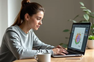 Femme utilisant un outil de dessin type Paint sur MacBook Pro pour annoter une capture d'écran dans un bureau moderne