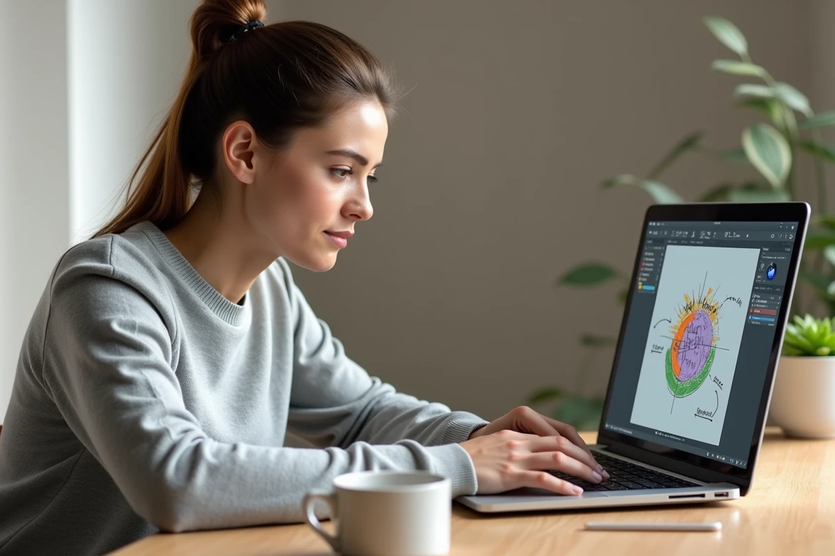 Femme utilisant un outil de dessin type Paint sur MacBook Pro pour annoter une capture d'écran dans un bureau moderne