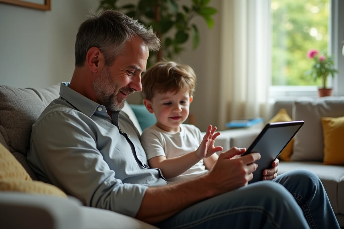 Père et enfant partageant un moment avec une tablette dans le salon